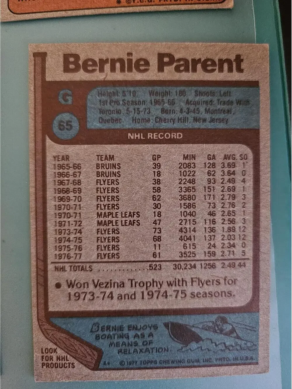 1977-78 Topps Hockey Card # 65 Bernie Parent (HOF) - Flyers (EX) - Picture 2 of 2